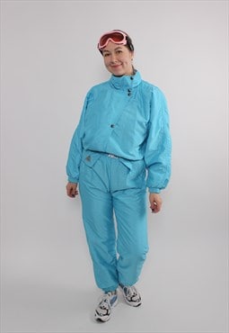 One piece ski suit, vintage 80s ski jumpsuit, retro blue 