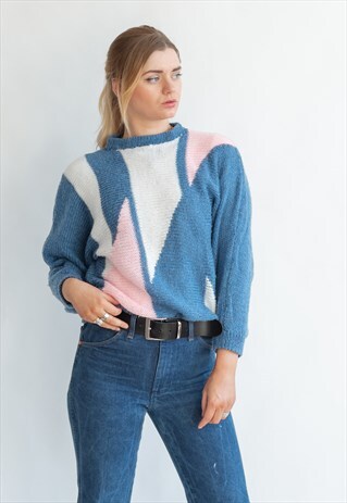 VINTAGE 80S PARIS CHIC JUMPER BLUE PATTERN