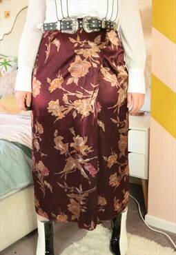 Vintage 90s Maroon Satin Floral Flower Festival Midi Skirt