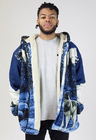 VINTAGE WOLF PATTERNED HOODED WOOL FLEECE