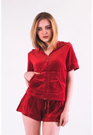 VELOUR TRACKSUIT SET IN RED TOP AND SHORTS