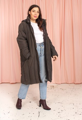 VINTAGE 90S PUFFER JACKET IN BROWN LONG LINE FIT
