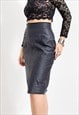 VINTAGE LEATHER SKIRT IN BLACK MIDI PENCIL WOMEN SIZE M/L