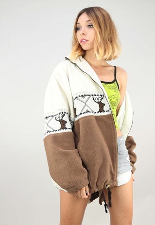 VINTAGE OVERSIZED PATTERNED ZIP UP FESTIVAL FLEECE