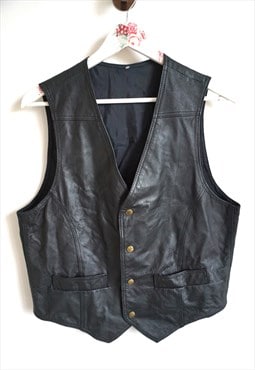 Vintage Black Genuine Leather Vest Biker Rocker Top Classic