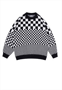 Chequer board sweater knitted chess jumper check top black