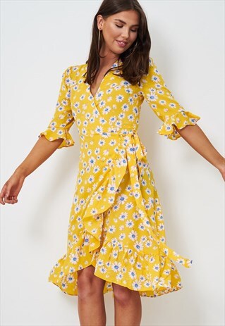 AERIN YELLOW FLORAL WRAP DRESS