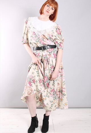 VINTAGE 80S FLORAL PATTERNED LACE TRIM MAXI DRESS