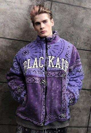 Paisley fleece jacket bandana bomber retro jacket in purple
