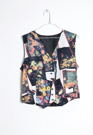 VINTAGE 80S COLOURFUL FLOWER COLLAGE ART VEST