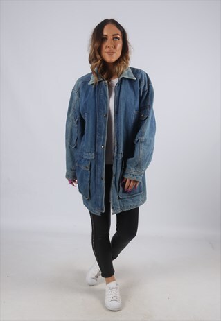 VINTAGE DENIM PARKA JACKET OVERSIZED CHECKED UK 14 (DW2H)