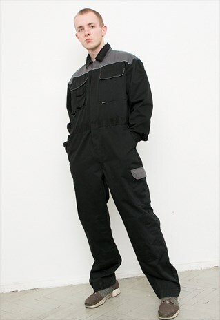 VINTAGE UTILITY SUIT ONE PIECE BLACK GREY OVERALLS WORKWEAR