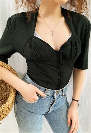 VINTAGE 80S SEXY CORSET HAUTE BOHEME BLOUSE TOP