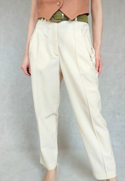 Vintage Cream Pants, Retro Ivory Slacks, 1980s Trousers, 