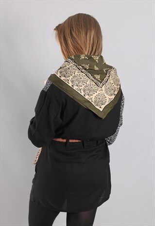 VINTAGE 80S OLIVE GREEN PAISLEY PATTERNED SILK SCARF