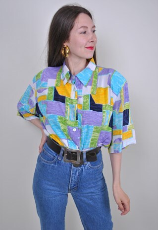 70S ABSTRACT MULTICOLOR SHIRT, VINTAGE ACID HOLIDAYS BLOUSE