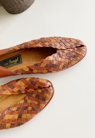 VINTAGE 70S MOD BOHEME RETRO REAL LEATHER PUMPS FLAT SHOES