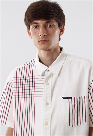 VINTAGE TOMMY HILFIGER 90S WHITE STRIPED SHORT SLEEVE