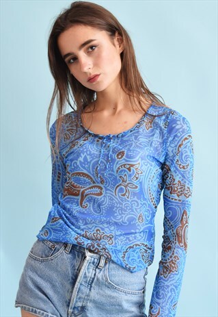 90'S RETRO KITSCH FESTIVAL ORIENTAL PRINT SHEER MESH TOP