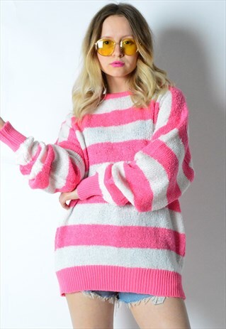 VINTAGE 90S PINK WHITE STRIPED KNIT JUMPER