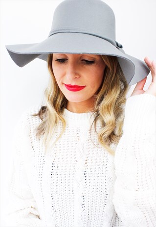 GREY BOHO PEASANT FLOPPY BOW WIDE RIM FEDORA BOWLER HAT