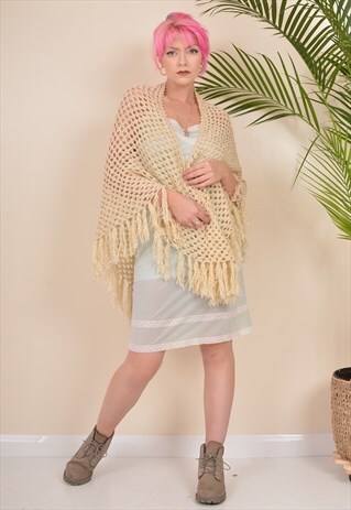 Y2K CROCHET KNIT HIPPY BOHO SUMMER PICNIC SHAWL CREAM