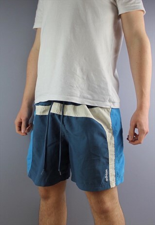 VINTAGE ADIDAS SHORTS IN NAVY WITH VELCRO POCKET, PRINTED LO