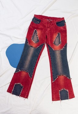 Vintage Flare Trousers Y2K Patchwork Jeans in Red Cord
