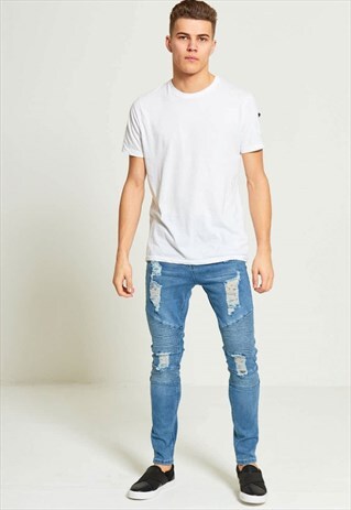 RIBBED KNEE FRAYED SLIM FIT DENIM JEANS