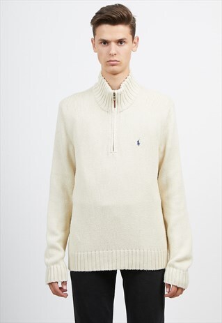 VINTAGE BEIGE POLO RALPH LAUREN 1/4 ZIP KNIT JUMPER SWEATER