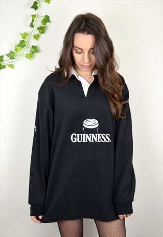 1990S VINTAGE BLACK GUINNESS COTTON TRADERS FLEECE RUGBY TOP