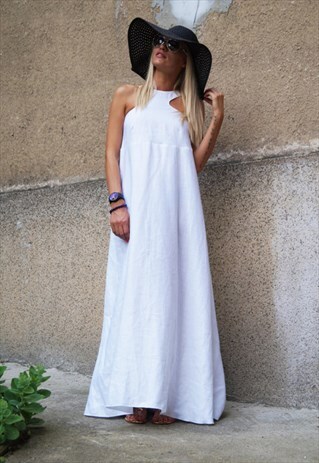 CONVERTIBLE WHITE KAFTAN MAXI DRESS LINEN TUNIC F1490