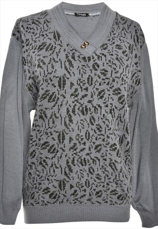 BEYOND RETRO VINTAGE PATTERNED GREY JUMPER - M