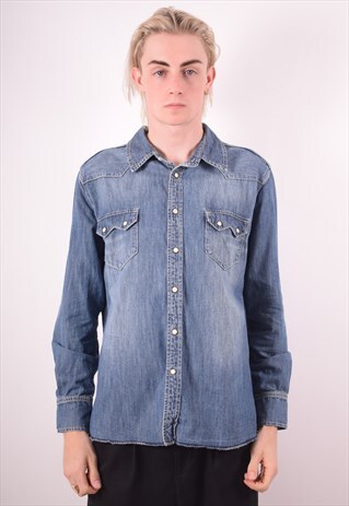 MENS VINTAGE DENIM SHIRT LARGE BLUE 90S