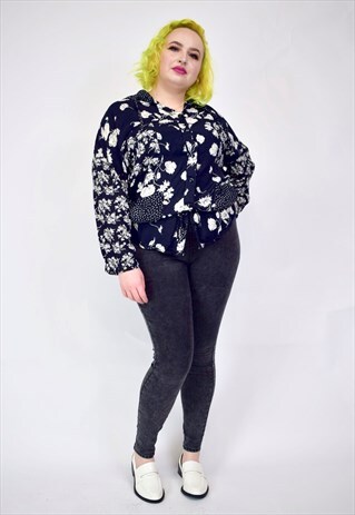 VINTAGE NAVY & WHITE FLORAL BLOUSE WITH POLKA DOT HOOD