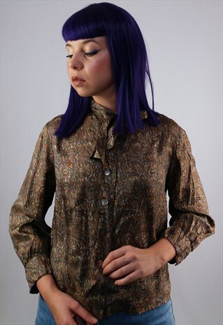 VINTAGE 80'S PATTERNED TIE COLLAR PUSSY-BOW BLOUSE