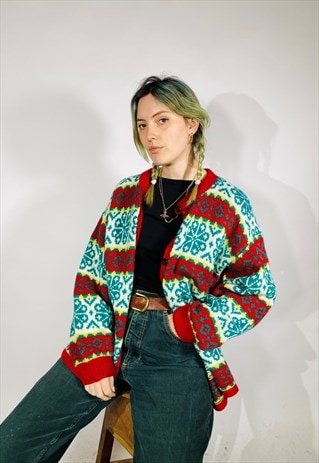 VINTAGE SIZE L NORDIC PATTERNED CARDIGAN IN MULTI