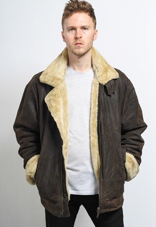 VINTAGE LEATHER AVIATOR FLEECE SHEEPSKIN JACKET COAT