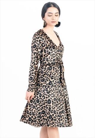 LEOPARD PRINT VELVET MIDI DRESS IN BROWN WITH BELT