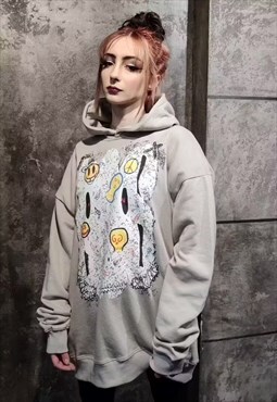 Emoji graffiti hoodie paint scribble smiley pullover in grey