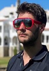 Meta Visor in Fiery Red frame with cool silver mirror lens.