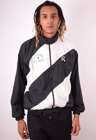 MENS VINTAGE TRACKSUIT TOP JACKET LARGE BLACK 90S