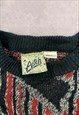 VINTAGE KNITTED JUMPER ABSTRACT PATTERNED GRANDAD SWEATER