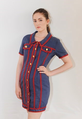 WOMENS MOSCHINO BLUE DENIM LOOK RED PIPING BUTTON UP DRESS