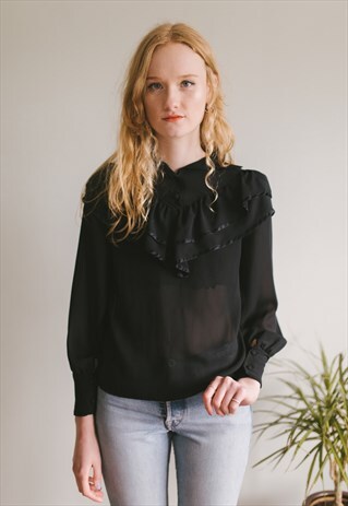 VINTAGE SHEER BLACK BLOUSE WITH RUFFLE & PIPING DETAIL