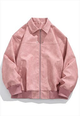 Workwear aviator jacket pink utility bomber PU zip varsity