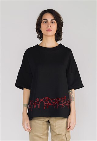 SCRIBBLE - BLACK SHORT SLEEVED OVERSIZED SWEATSHIRT