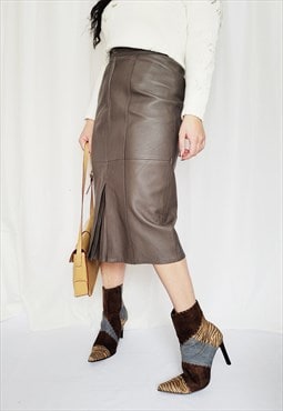 Vintage 90s grey genuine leather minimalist midi flare skirt
