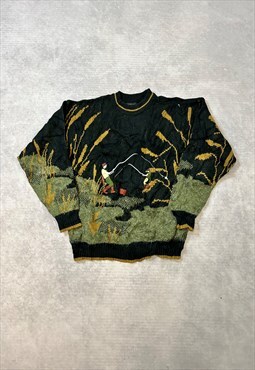 Vintage Knitted Jumper Embroidered Fishing Patterned Sweater