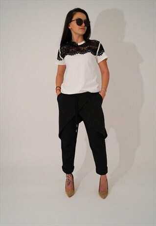 WHITE COTTON LACE BLOUSE HANDMADE SHIRT B & W TOP F1856